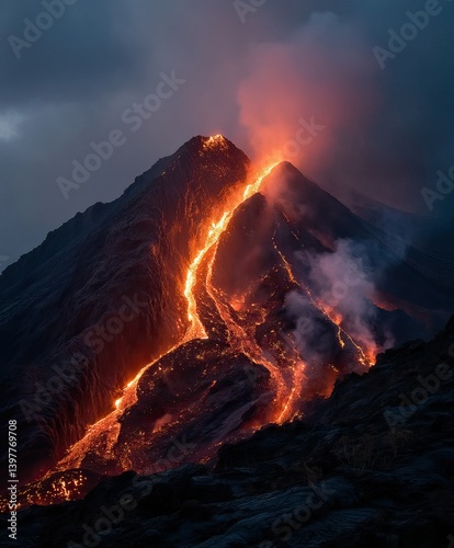 close-up shot of a volcanic eruption with glowing lava flowing down the sides of the volcano