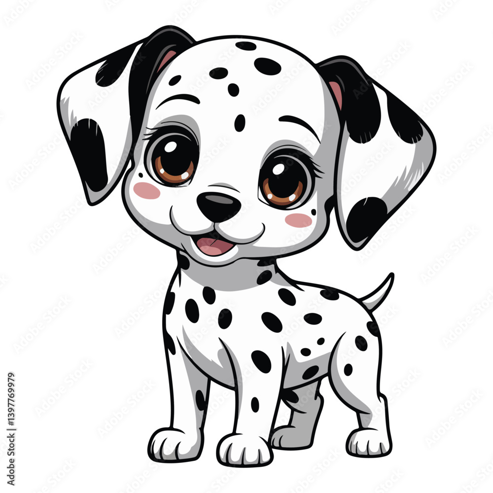 Naklejka premium Cute cartoon Dalmatian puppy with spots and big eyes, perfect for kids' designs.