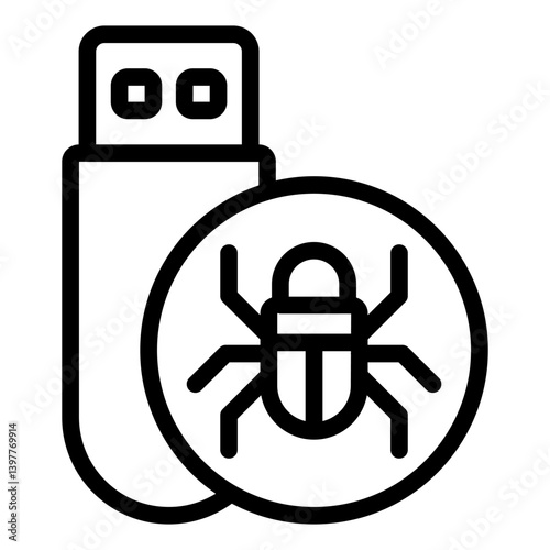 Flash drive with virus line icon, hacker attacks concept. Vector graphics. Hacker exploit, bug on pen drive sign on white background, style mobile or design.