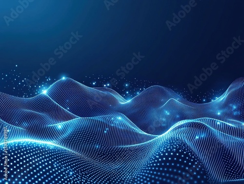 Blue grid background with glowing light lines, featuring an abstract futuristic wireframe landscape with dots and beams on a dark blue backdrop. Ideal for technology digital design