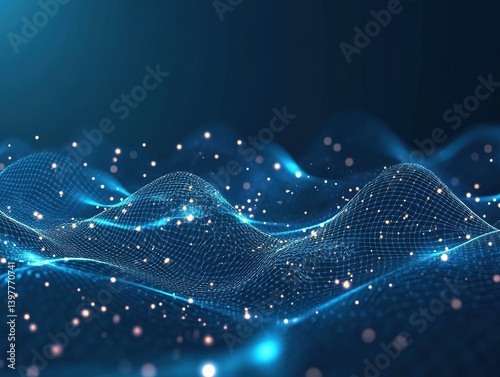 Blue grid background with glowing light lines, featuring an abstract futuristic wireframe landscape with dots and beams on a dark blue backdrop. Ideal for technology digital design