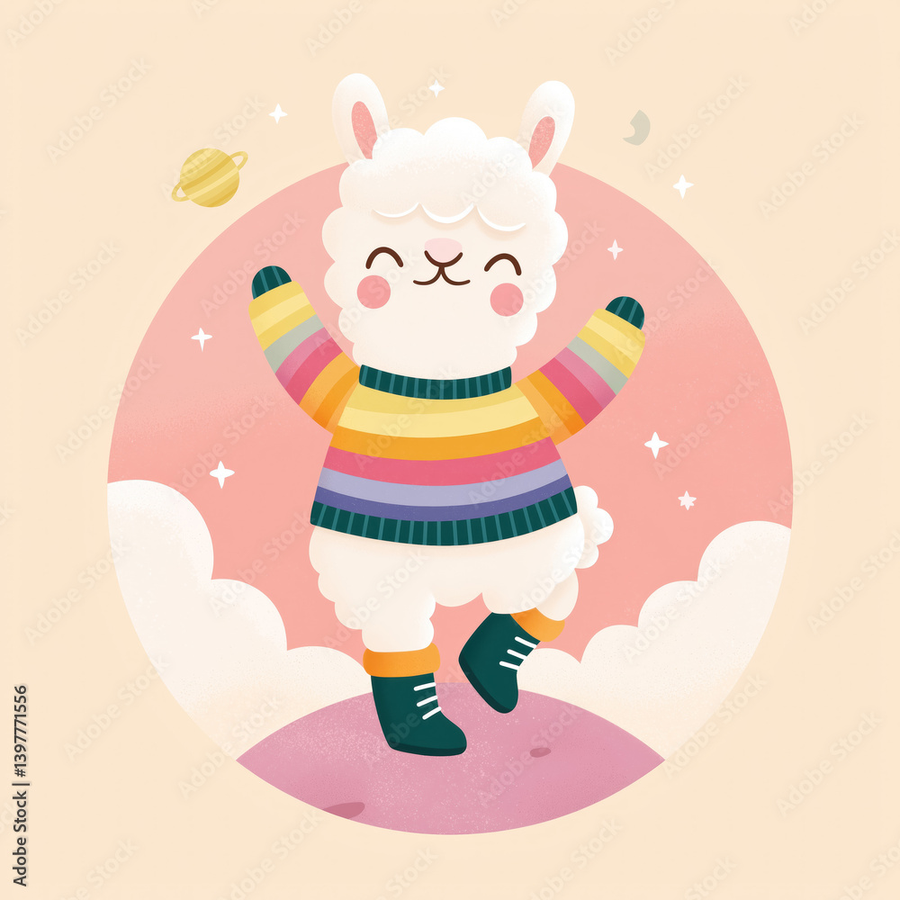 kawaii llama cartoon character illustration wearing rainbow sweater space boots pastel celestial playful design perfect for children's products greeting cards nursery decor
