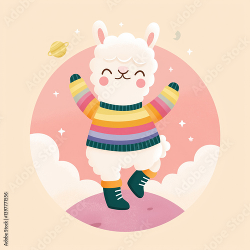 Obraz na płótnie kawaii llama cartoon character illustration wearing rainbow sweater space boots pastel celestial playful design perfect for children's products greeting cards nursery decor w salonie