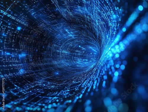 Blue background with central blue light effect lines and words in the top right corner, featuring a vector illustration in a futuristic technology style.