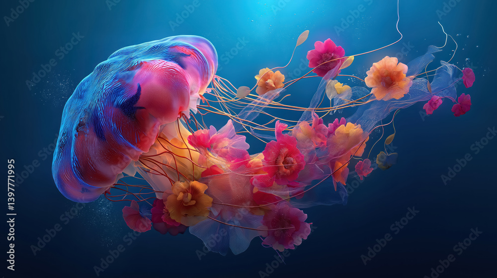 vibrant jellyfish with colorful floral design floating underwater artistic surreal ocean wildlife digital illustration perfect for creative advertising and decorative aquatic themed