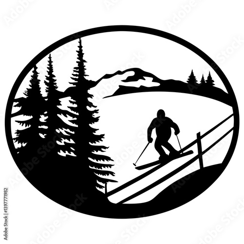 Stunning Silhouette of a Skier Descending a Snowy Mountain Slope Surrounded by Majestic Evergreen Trees in a Circular Design