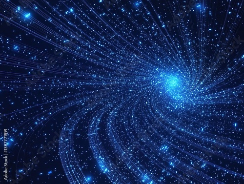 Blue background with central blue light effect lines and words in the top right corner, featuring a vector illustration in a futuristic technology style.