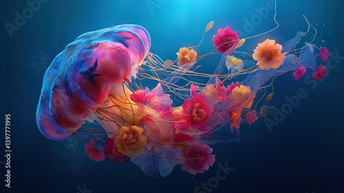 Obraz na płótnie vibrant jellyfish with colorful floral design floating underwater artistic surreal ocean wildlife digital illustration perfect for creative advertising and decorative aquatic themed w salonie