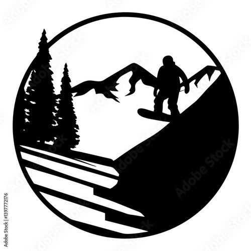 Snowboarder Silhouette in Mountain Landscape Circle Design
