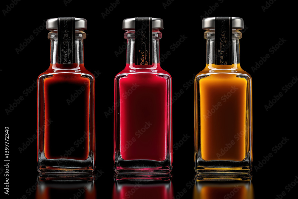 luxury hot chili sauce bottles blank elegant packaging on black reflective background premium branding commercial photography