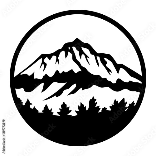 Majestic Mountain Peak in a Circular Frame with Lush Forest Silhouette