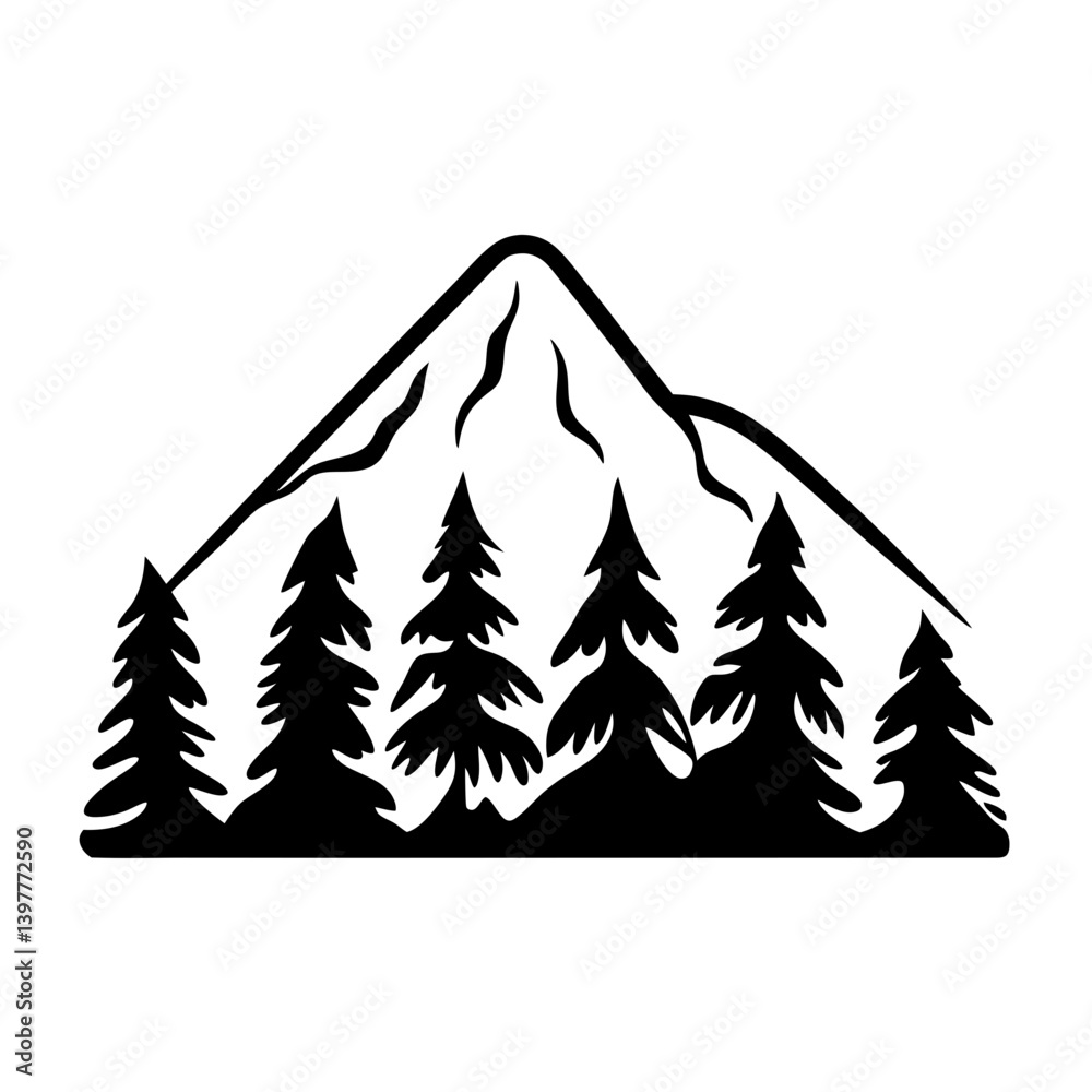 Obraz premium Majestic Mountain Peak with Evergreen Trees in Silhouette