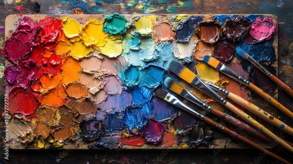 Colorful Palette with Paints and Brushes on Wooden Surface Colorful Palette with Paints and Brushes on Wooden Surface