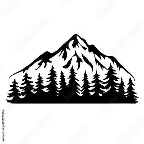 Majestic Mountain Peak with Evergreen Forest Silhouette Illustration Graphic Design
