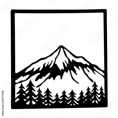 Majestic Mountain Peak Framed by Evergreen Trees Nature Scene Black and White Graphic Illustration