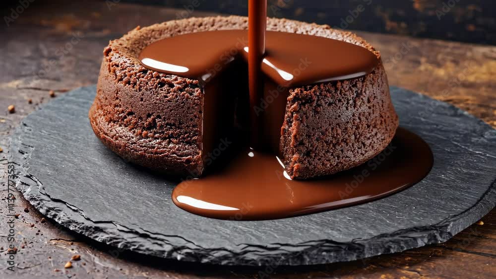 Delicious chocolate lava cake being drizzled with rich, glossy chocolate sauce on a dark serving plate, close-up view.