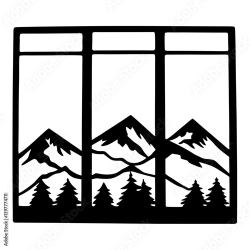Mountain View Through a Three Pane Window Wall Art Design Graphic