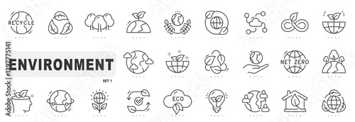Set of environment related line icons. Earth, ecology, globe, eco etc. Editable stroke