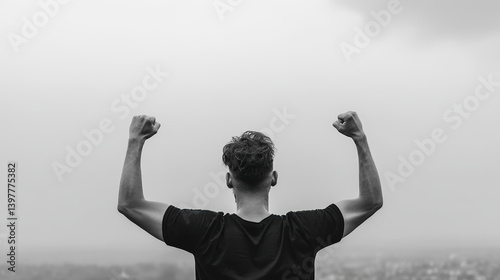 A person stands triumphantly with raised fists against a cloudy backdrop, embodying a sense of achievement and empowerment.