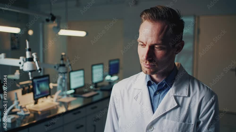 Pensive scientist in modern laboratory analyzing data on advanced digital screens Pensive scientist in modern laboratory analyzing data on advanced digital screens