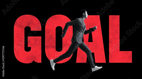 A dynamic illustration of a person running towards the word 