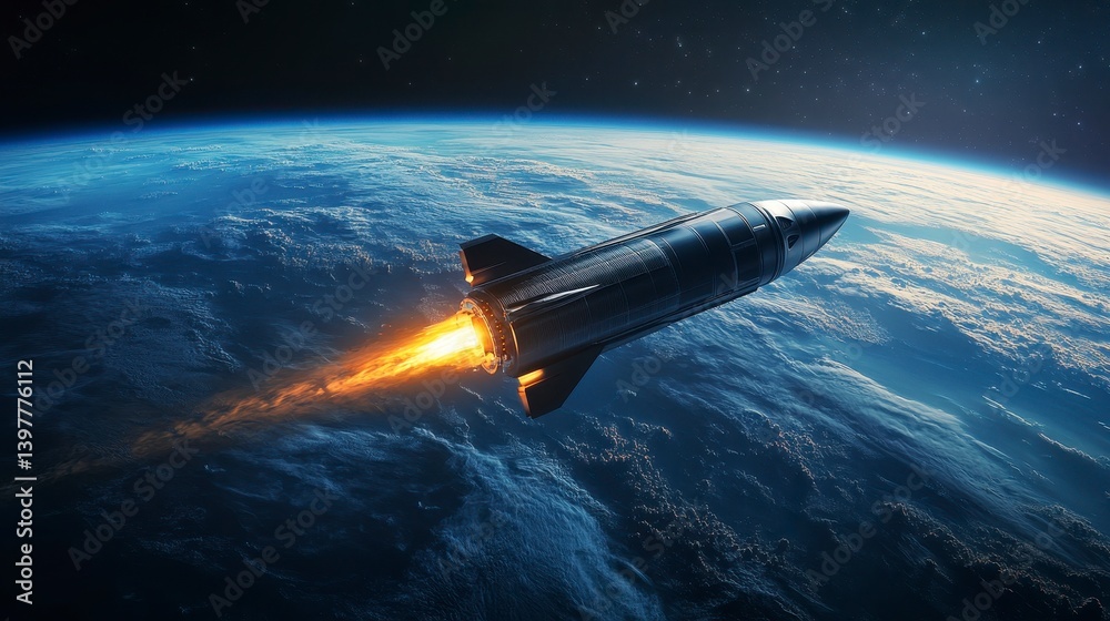 Fototapeta premium Rocket Launching into Space Above Earth with Fiery Engine Flame