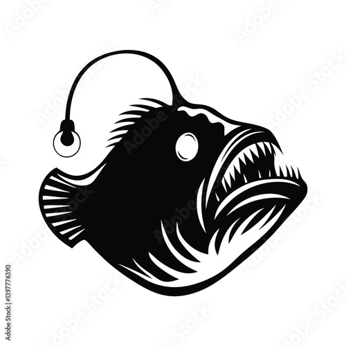 Monochrome Anglerfish With Bioluminescent Lure And Sharp Teeth Silhouette
