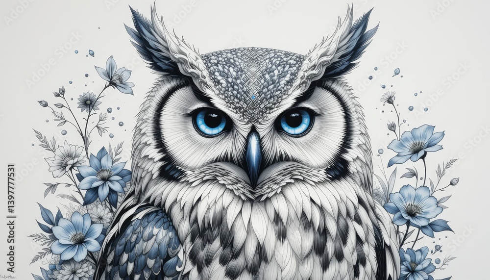 Obraz premium Owl drawing. Owl Portrait with Blue Flowers Artwork for Home Decor Ideas