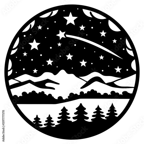 Majestic Night Sky over Mountain Range with Shooting Star and Forest