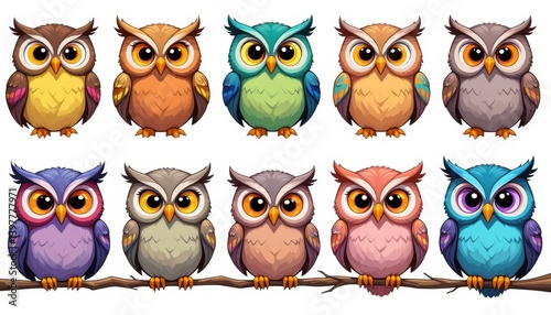 Wallpaper Mural Owl drawing. Ten Colorful Cartoon Owls Perched on a Branch Illustration Torontodigital.ca