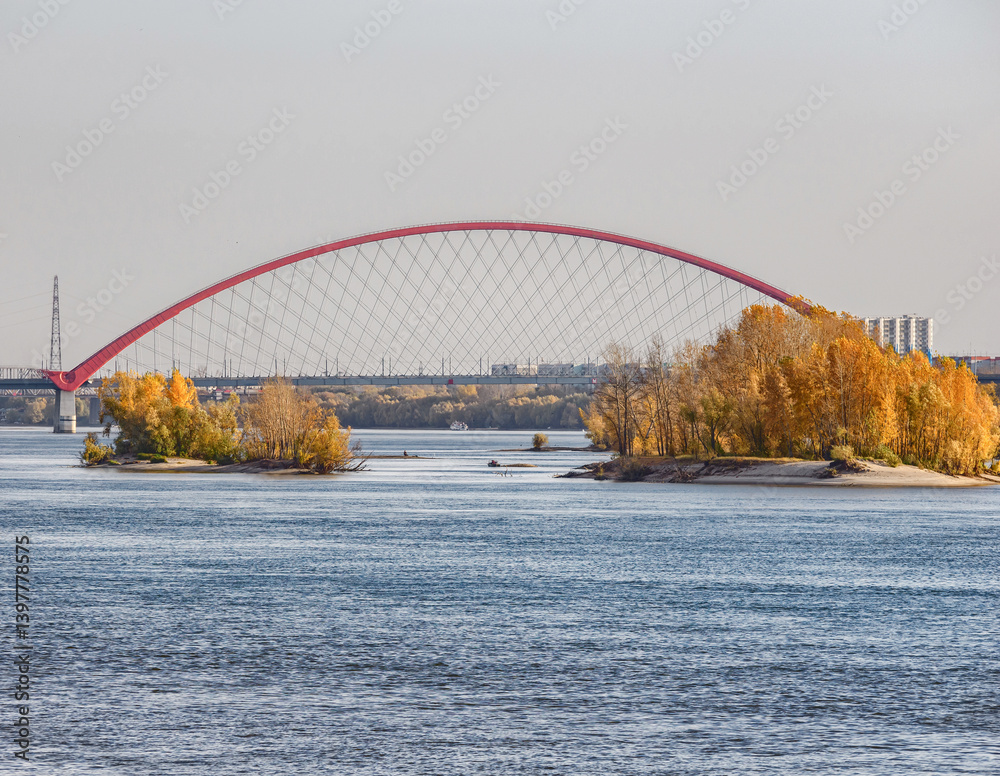 Fototapeta premium Bugrinsky Bridge in Novosibirsk from the ship.