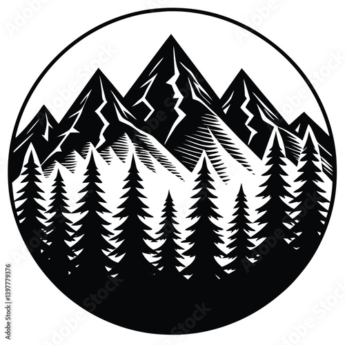 Monochrome Mountain Peaks and Evergreen Forest Silhouette Design within a Circle