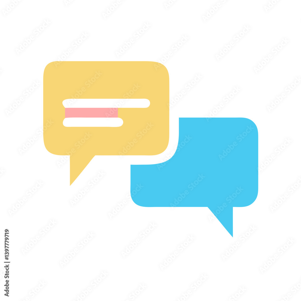 Flat icon of two overlapping speech bubbles in yellow and blue, representing communication, chatting, or conversation in digital platforms.
Flat icon of two overlapping speech bubbles in yellow and blue, representing communication, chatting, or conversation in digital platforms.