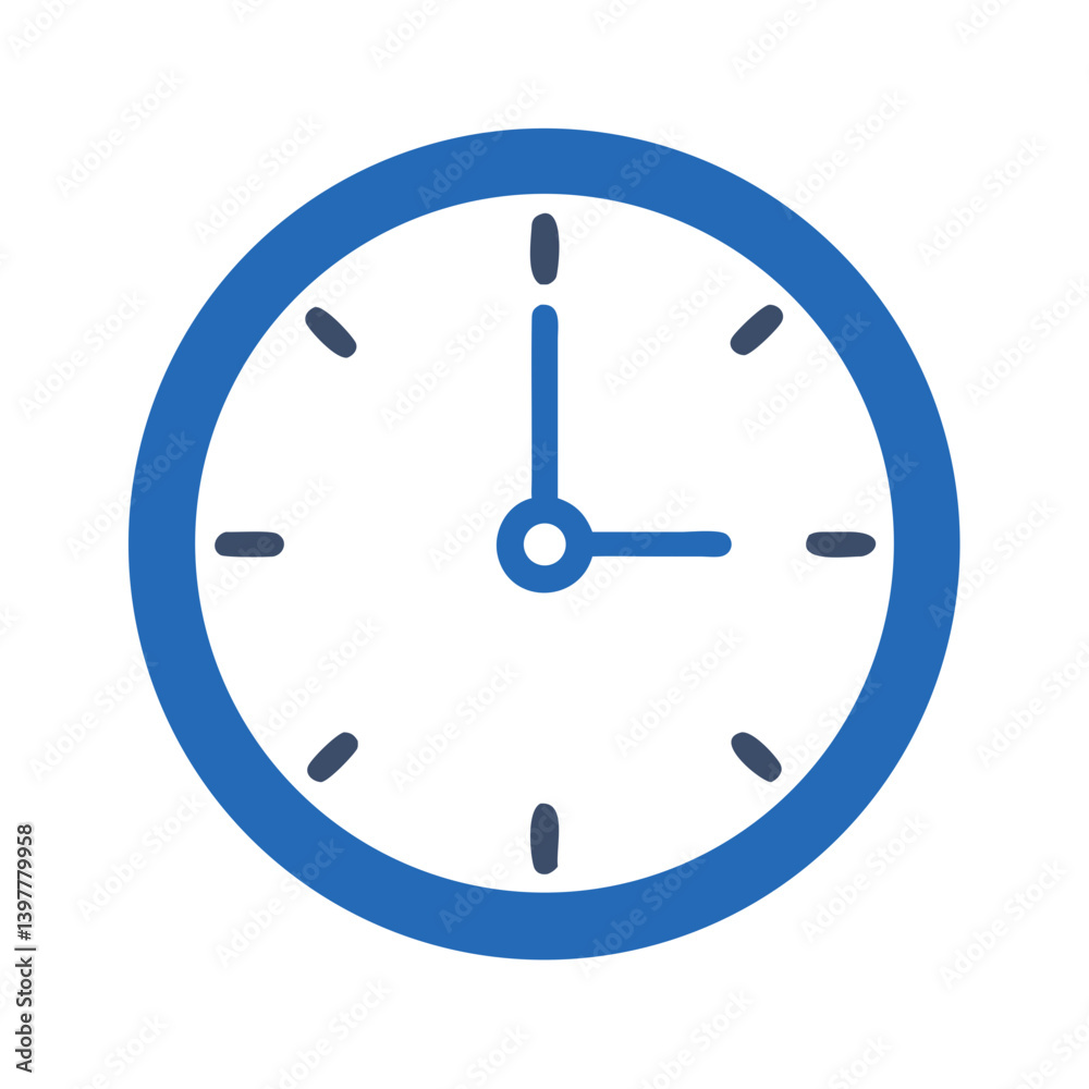 Flat blue and white clock icon showing 3:00, symbolizing time, schedule, punctuality, or appointments in digital or business contexts.
Flat blue and white clock icon showing 3:00, symbolizing time, schedule, punctuality, or appointments in digital or business contexts.