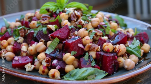 Iron rich beet chickpea salad with walnuts fresh basil and a drizzle of balsamic reduction plated artistically