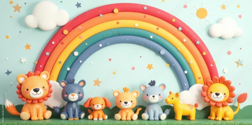 Bohemian nursery wall art featuring cute cartoon animals & rainbow, art, stars Bohemian nursery wall art featuring cute cartoon animals & rainbow, art, stars