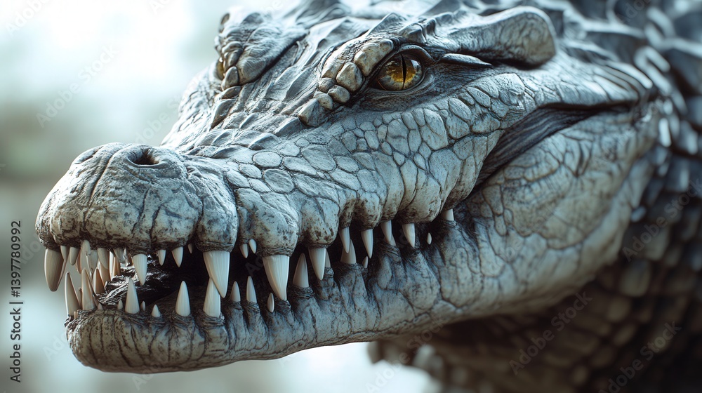 Obraz premium Extreme close up of a crocodile head with sharp teeth visible here