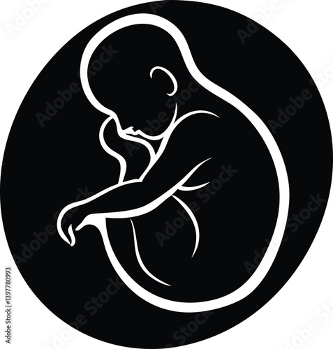 Fetus White Outline, Embryo Curled Up Shape Isolated on Transparent Background