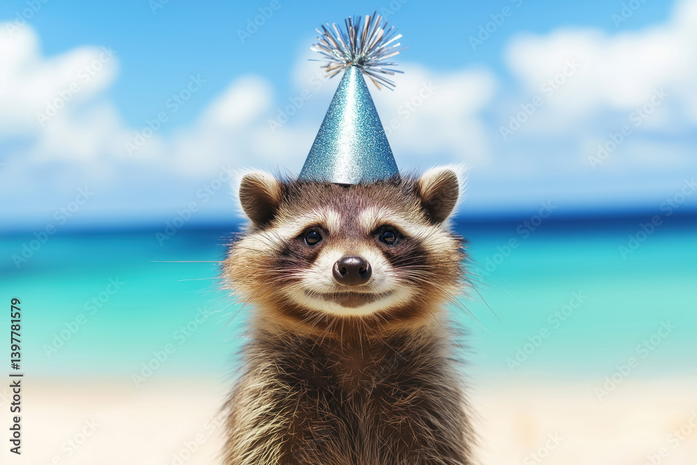 cute raccoon wearing shiny party hat smiling tropical beach background fun summer birthday party wildlife humor concept