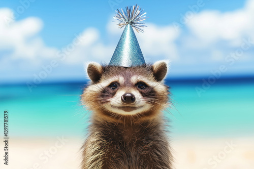 Obraz na płótnie cute raccoon wearing shiny party hat smiling tropical beach background fun summer birthday party wildlife humor concept w salonie