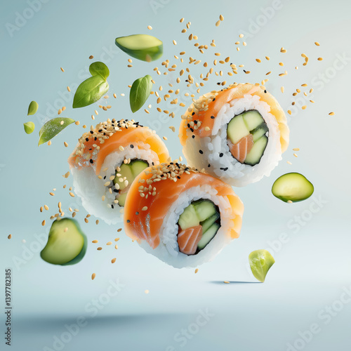 levitating salmon sushi rolls with cucumber sesame seeds fresh ingredients creative food photography vibrant blue background