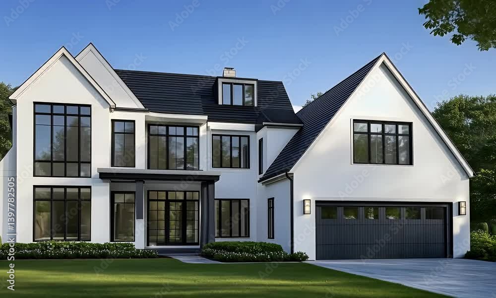 Modern farmhouse with black roof, white siding, and large windows. Beautiful suburban architecture under blue sky, front lawn and driveway view. Modern farmhouse with black roof, white siding, and large windows. Beautiful suburban architecture under blue sky, front lawn and driveway view.