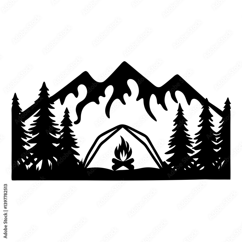 Obraz premium Majestic Mountain Camping Scene with Campfire and Tent Silhouette