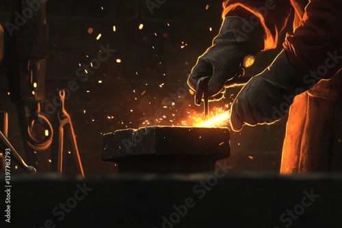 Hands shaping glowing metal amidst sparks in an intense forging