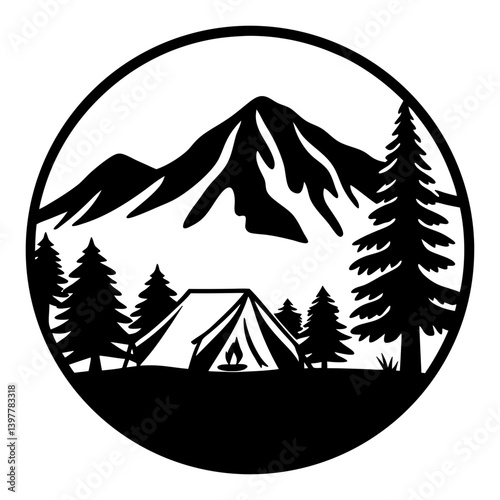 Mountain Camping Scene with Tent and Pine Trees in a Circular Design