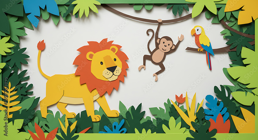 Naklejka premium Jungle Animals in Paper Cut Style
