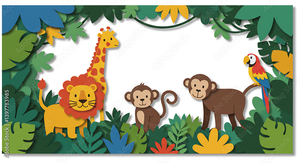 Fototapeta premium Jungle Animals in Paper Cut Style