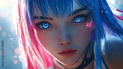 Digital model and design of a bright and mysterious female game character, long blue with pink neon highlight hair, stylish face makeup, deep glowing eyes
