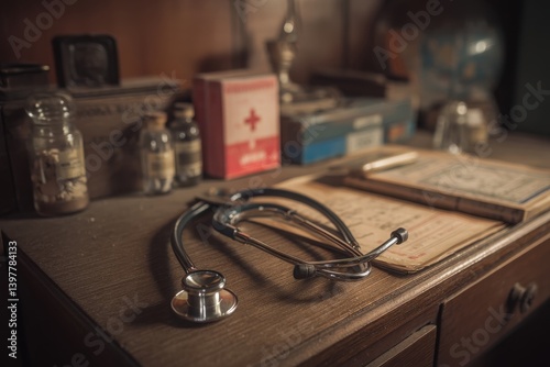 Vintage medical tools on a wooden desk.