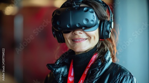 Immersed in VR! A woman in a leather jacket explores a digital world, captured in a close-up with a blurred background